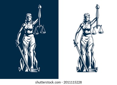 Themis goddess sculpture isolated on white background. Lady justice with scales and sword in hands. Judiciary symbol. Logo design template. Vector illustration.