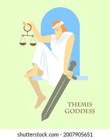Themis, the goddess, sits on the windowsill in one hand holding a sword, in the other hand hold - scales, the blindfold is shifted. Poster, postcard.