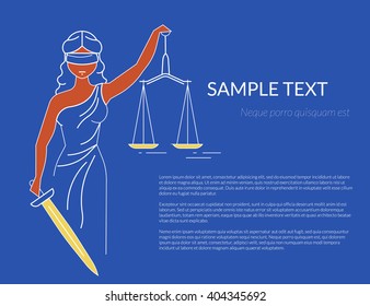 Themis with holding a scale in her hand. Outlined conceptual illustration of goddess of justice with copy space on blue background. Transparent femida design