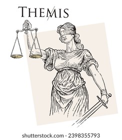 Themis illustration of the ancient Greek goddess, personifying justice and fair trial, in the engraving style.