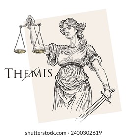 Themis illustration of the ancient Greek goddess, personifying justice and fair trial, in the engraving style.