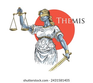 Themis illustration, of the ancient Greek goddess, personifying justice and fair trial, in the engraving style and painted in color. Vector illustration.