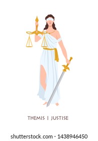 Themis or Justice - goddess of order, fairness, law from ancient Hellenic myths. Greek and Roman legendary female character with blindfold, sword, balance scales. Flat cartoon vector illustration.