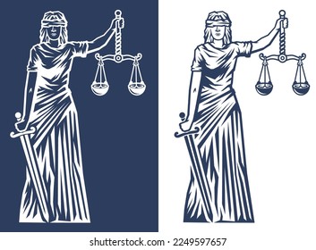 Themis of Justice logo, emblem, lawyers sign, vector drawing, on blue background and white background