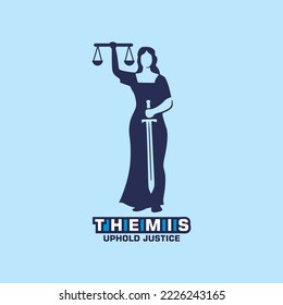 themis, justice logo, silhouette of young lady holding scales vector illustrations