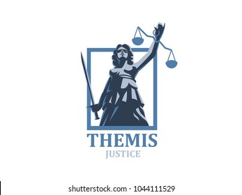 Themis or Justice with sword and weights. Vector emblem.