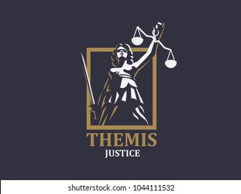 Themis or Justice with sword and weights. Vector emblem.