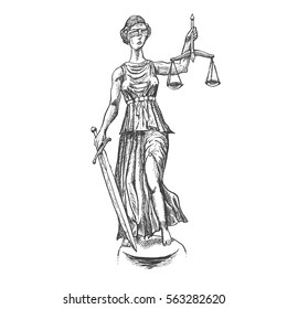 Themis Lady Justice holding scales and sword and wearing a blindfold. Retro vintage vector lineart hand drawn illustration. Engraving style