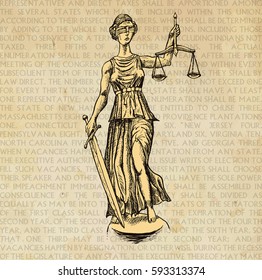 Themis Lady Justice Holding Scales And Sword And Wearing A Blindfold. Retro Vintage Vector Lineart Hand Drawn Illustration, Engraving Style. Against Background Of The Text On Parchment