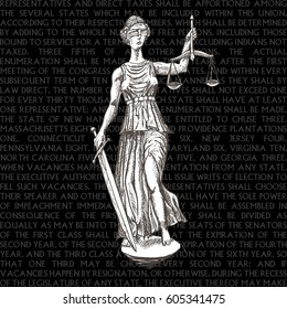 Themis Lady Justice holding scales and sword and wearing a blindfold. Retro vintage vector lineart hand drawn illustration, engraving style. Black and white version