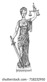 Themis Lady Justice Holding Scales And Sword And Wearing A Blindfold. Retro Vintage Hand Drawn Engraving Vector Lineart Illustration