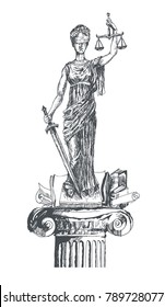 Themis Lady Justice holding scales and sword and wearing a blindfold. In the basis column, antique warrant. Retro vintage vector lineart hand drawn illustration, engraving style