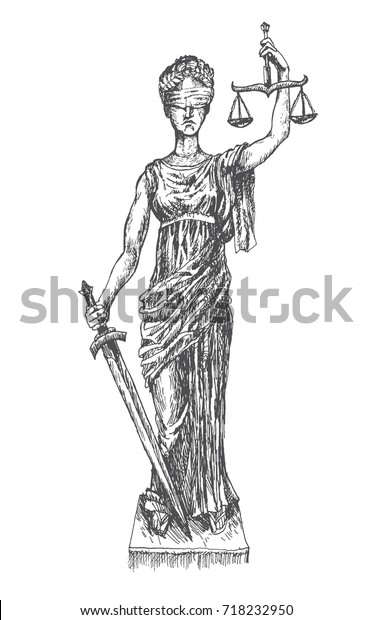 目盛りと刀を持ち目隠しをしている女性の正義 レトロなビンテージ手描きの彫刻ベクター線画イラスト のベクター画像素材 ロイヤリティフリー
