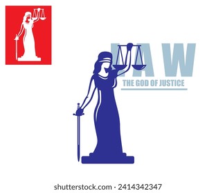 THEMIS LADY JUSTICE LOGO, silueta de gran mujer fuerte con espada y escamas, ilustraciones vectoriales