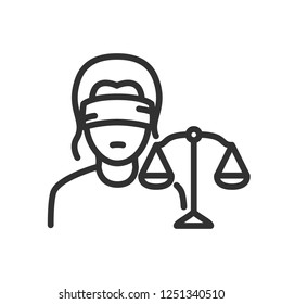 Themis. linear icon. A woman with blindfolds and scales of justice. Line with editable stroke