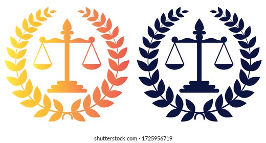 Themis Scales with Wreath. Logo in two color options. Isolated vector illustration on white background.