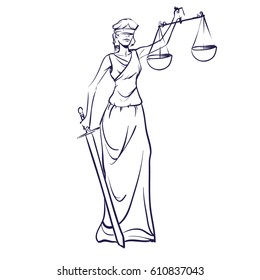 Themis statue holding scales balance and sword, symbol of justice, law and order, mascot, vector illustration