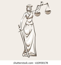 Themis statue holding scales balance and sword, symbol of justice, law and order, mascot, vector illustration