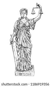 Themis with a sword of justice and weights. Lady justice with blindfold. Judiciary symbol. Retro vintage hand drawn engraving vector lineart illustration