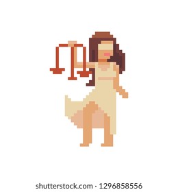 Themis with weights in her hands. Symbol justice with blindfold. Female antique character pixel art style. 8-bit. Isolated vector illustration. Game assets. Design for stickers, web, mobile 
