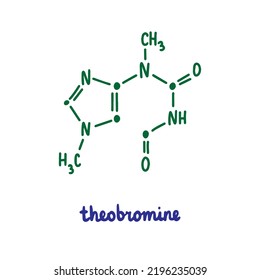 Theobromine hand drawn vector formula chemical structure lettering blue green cocoa