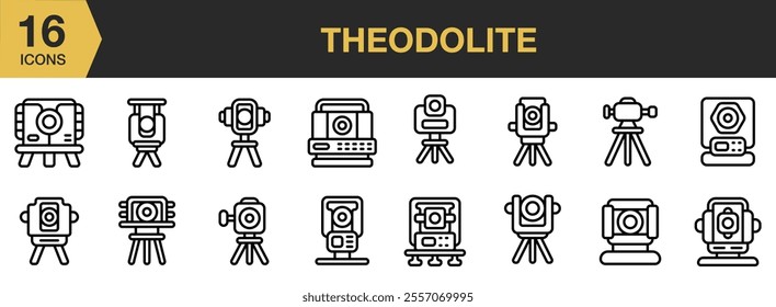 Theodolite icon set. Includes Theodolite, Construction, Survey, Tripod, Stand, and More. Outline icons vector collection.