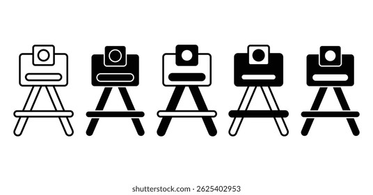 Ícones de Theodolite definidos na ilustração de design de vetor de cores preto e branco do tripé