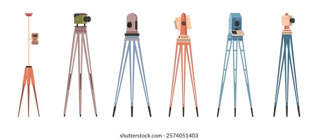 Theodolite for land surveying, isolated set of geodesic equipment. Vector geodesist kit tripod for topography, examination of angle. Precision optical instrument for measuring, industry kit