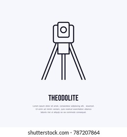 Theodolite On Tripod. Geological Survey, Engineering Vector Flat Line Icon. Geodetic Equipment. Geology Research Illustration, Sign.