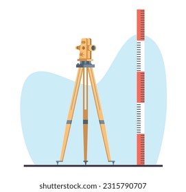 Theodolite on tripod and large ruler, engineering equipment for measurements. construction measuring tool, geological survey. Geodetic device cartoon flat style isolated vector concept