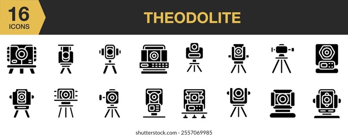 Theodolite solid icon set. Includes Theodolite, Construction, Survey, Tripod, Stand, and More. Solid icons vector collection.