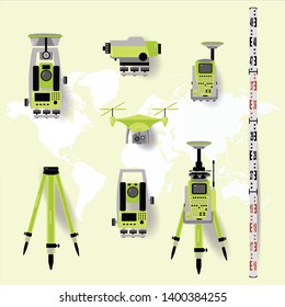 Theodolite, tacheometer, total station, drone, level, map sketch isolated on world map  background.