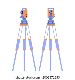 Theodolite tripod. Geodetic optical measuring laser level devices. Surveying instrument. Isolated vector illustration in flat style on white background