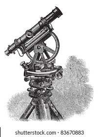 Theodolite, vintage engraved illustration. Theodolite isolated on white. Theodolite a measuring instrument isolated on white. Trousset encyclopedia (1886 - 1891).