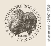 Theodore Roosevelt, National Park, ND, USA Silhouette Postal Passport. Stamp Round Vector Icon. Design Travel Postmark. 