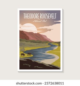 Afiche del Parque Nacional de Theodore Roosevelt, diseño de afiches de hermosos paisajes fluviales