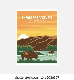 Diseño de Ilustración vectorial de póster del Parque Nacional Theodore Roosevelt