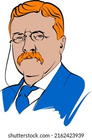 Theodore Roosevelt vector drawing with colored surfaces. Hand-drawn outline sketch. Drawing for use on any marketing project and for resale as print.