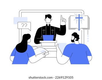 Theological lectures abstract concept vector illustration. Online religious lectures, studies course, christian thinkers, divinity school, doctrine of god, church fathers abstract metaphor.