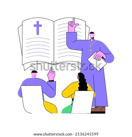 Theology abstract concept vector illustration. Divine teaching, religious belief, study of god, theological lectures, sunday school, man prays, church priest, monk in monastery abstract metaphor.
