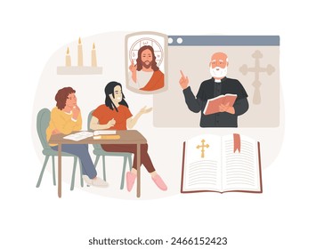 La teología aisló la Ilustración vectorial conceptual. Enseñanza divina, creencia religiosa, estudio de dios, conferencias teológicas, escuela dominical, el hombre reza, sacerdote de la iglesia, monje en concepto de Vector monasterio.