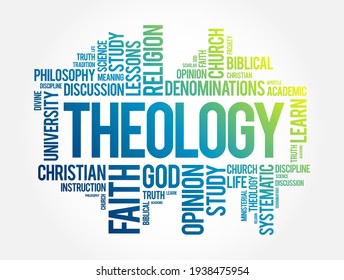 Theology is the systematic study of the nature of the divine, religious beliefs, and the practice of faith, word cloud concept background