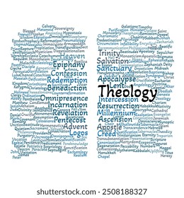 Theology Word Cloud. Composition of Words Related to Concepts and Terms in Theology. Isolated White Background.