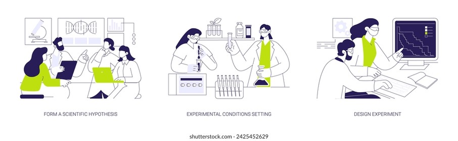 Theoretical phase of medical research abstract concept vector illustration set. Form a scientific hypothesis, experimental conditions setting, design experiment, scientific research abstract metaphor.