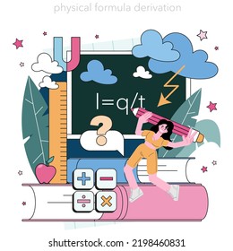 Theoretical physicist concept. Physicist explore electricity, magnetism, light wave and forces. Theoretical concept development, new formulas derivation. Flat vector illustration