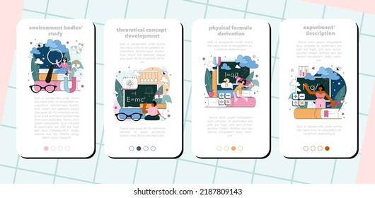 Theoretical physicist mobile application banner set. Physicist explore electricity, magnetism, light wave and forces. Theoretical concept development, new formula derivation. Flat vector illustration