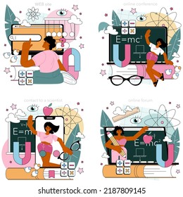 Theoretical physicist online service or platform set. Theoretical concept development, new formula derivation. Online forum, conference, contacts, website. Flat vector illustration