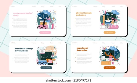 Banner teórico físico web o página de inicio. Los físicos exploran la electricidad, el magnetismo, la onda luminosa y las fuerzas. Desarrollo de concepto teórico, nueva derivación de fórmula. Vector plano
