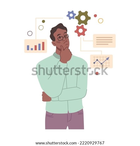 Theoretical type of thinking, isolated man with mindset. Male personage brainstorming, analyzing and making examples. Cartoon character, vector in flat style