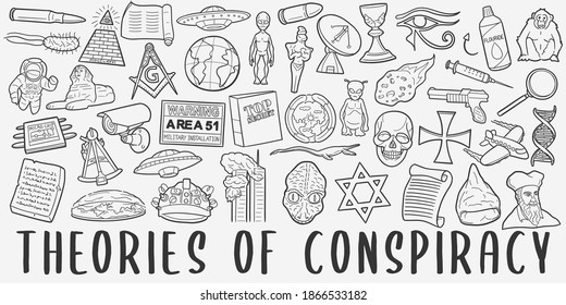 Theories of Conspiracy, doodle icon set. Style Vector illustration collection. Banner Hand drawn Line art style.